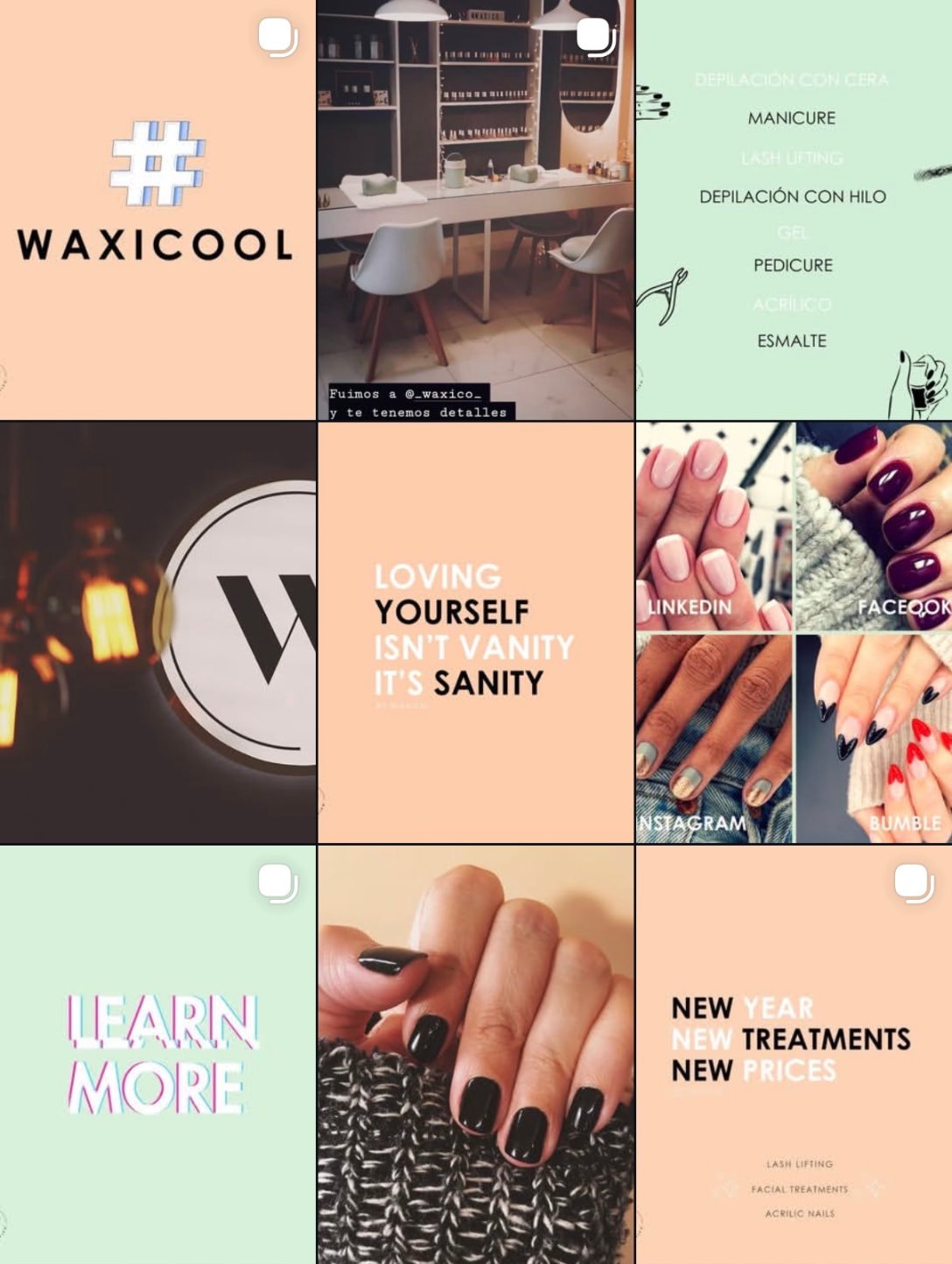Cuadrícula de Instagram de WAXICOOL con publicaciones en tonos durazno y menta