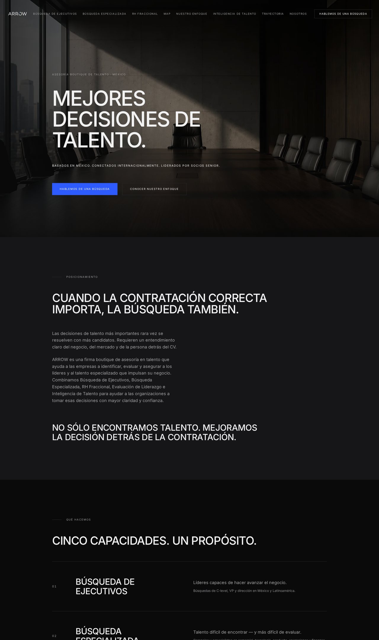 Recorrido por el sitio de ARROW en español, desde la portada «Mejores decisiones de talento»