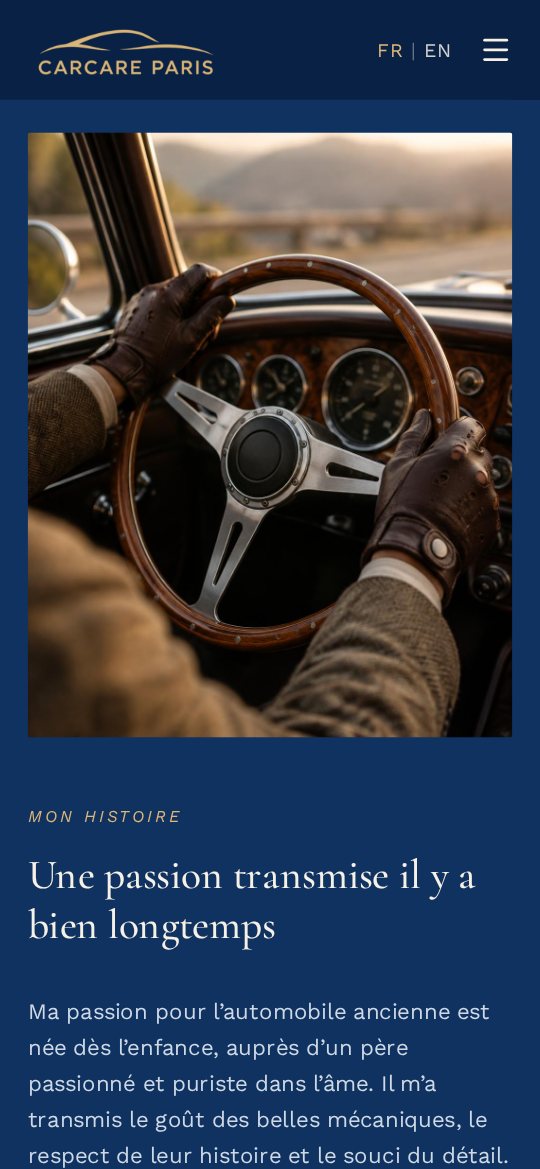 Sección «Mon histoire» del sitio de CarCare Paris en móvil