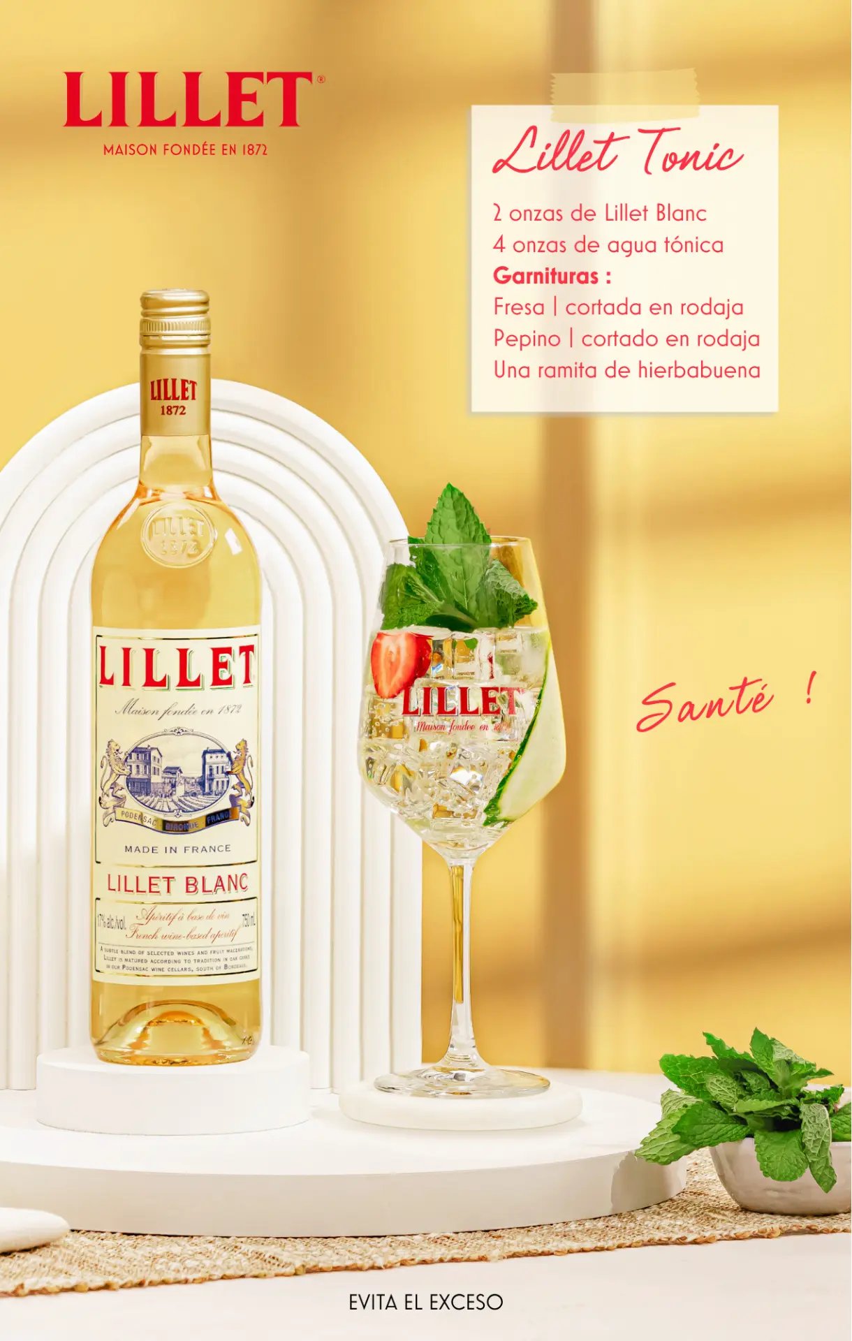 Pieza gráfica de Lillet Tonic: botella, coctel y receta sobre fondo amarillo