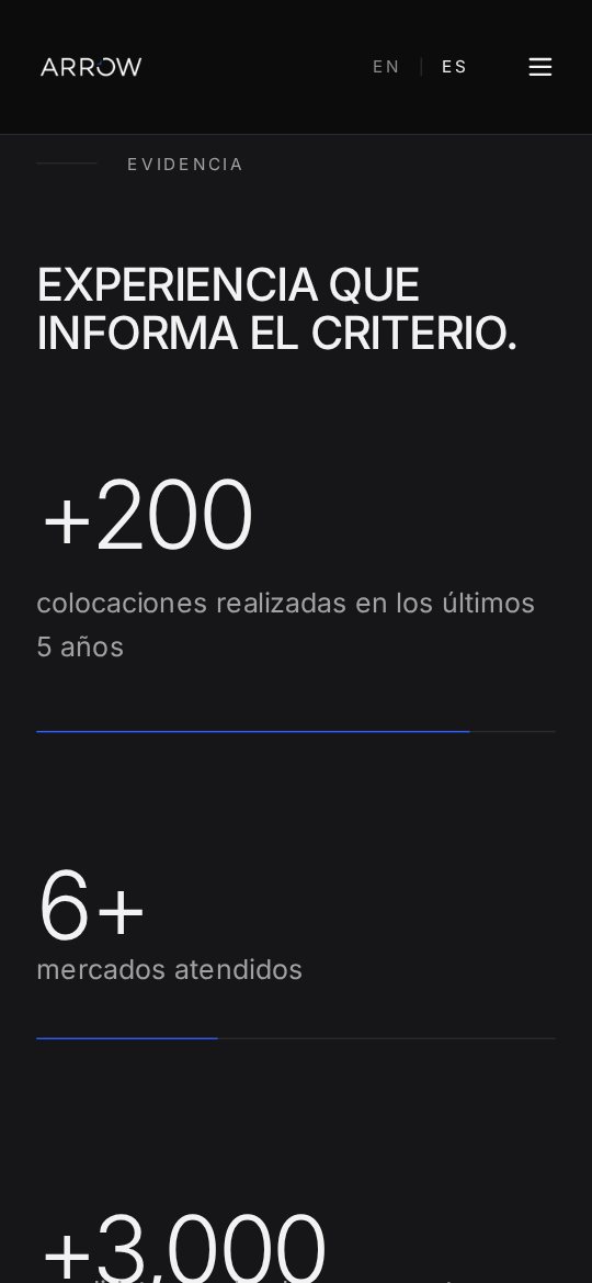 Sección de cifras y evidencia del sitio de ARROW en móvil