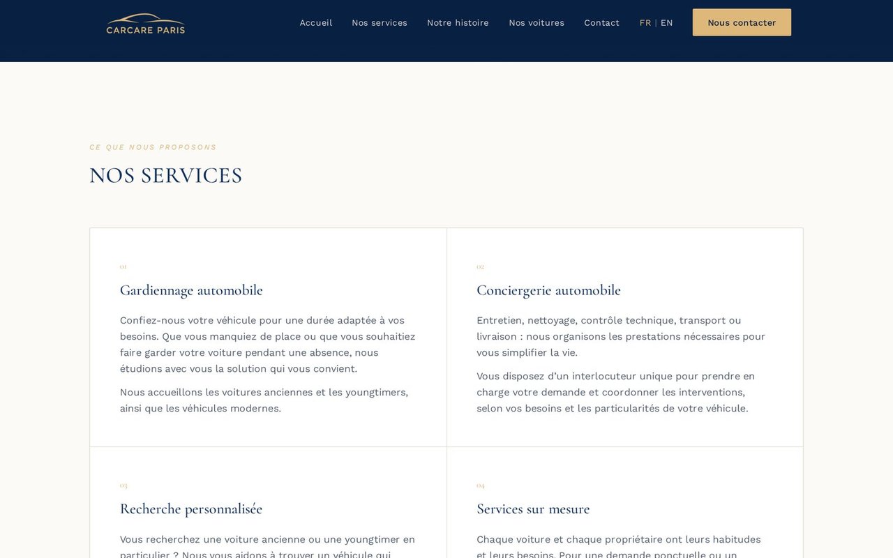 Sección de servicios del sitio web de CarCare Paris