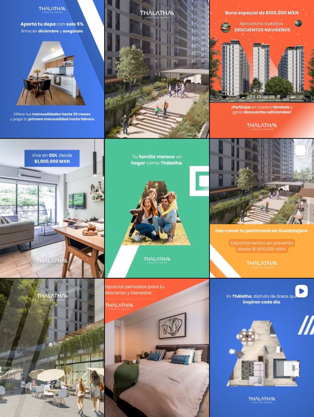 Feed de redes sociales de Thálatha con renders, interiores y promociones de departamentos